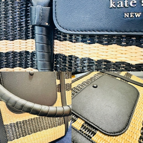 Kate Spade New York Cruise Medium Tote Bag Black & Tan Straw w/ Leather Trim - Picture 13 of 13